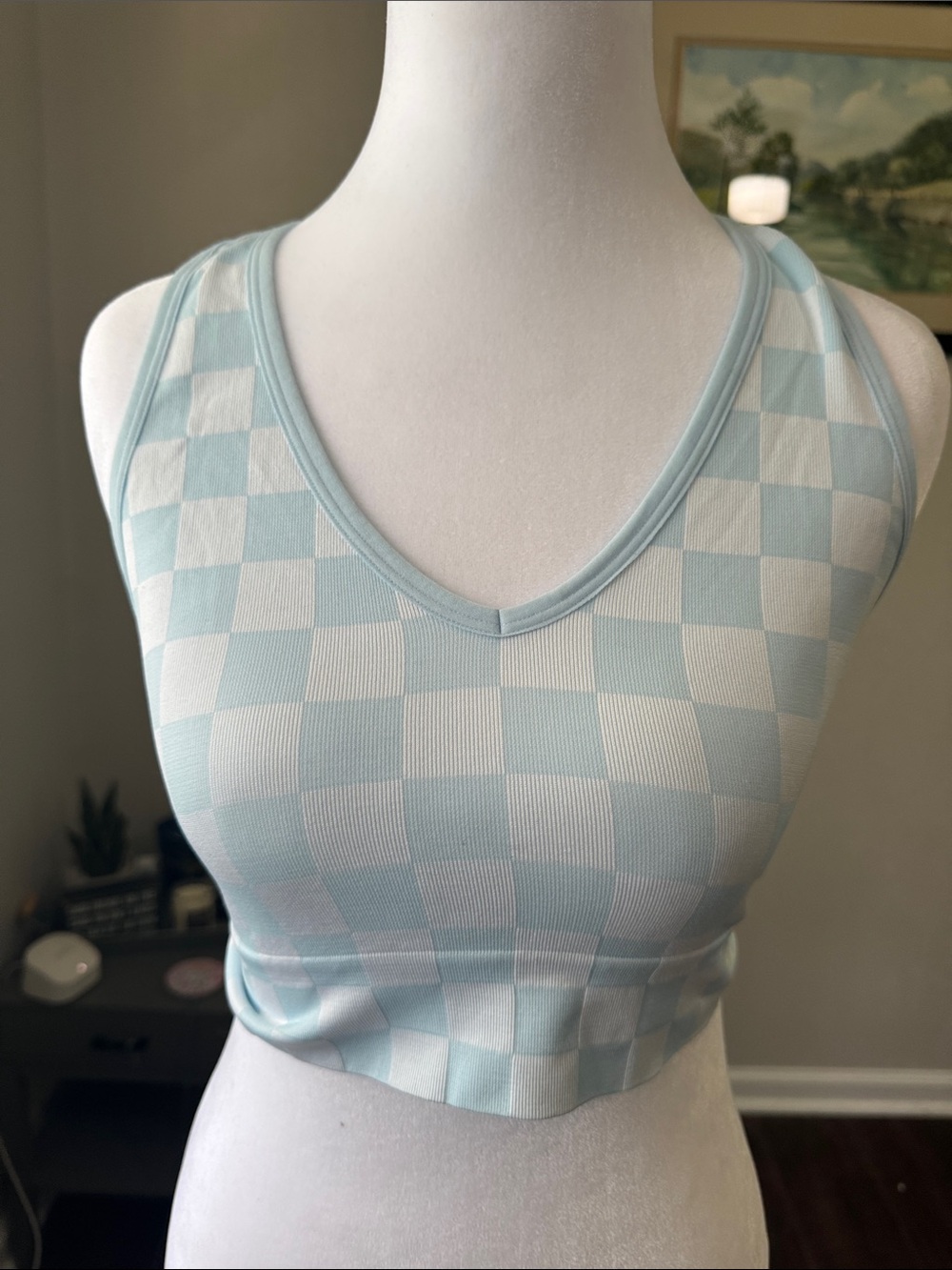 Colsie Pastel Blue & White Checkerboard V-Neck Crop Tank